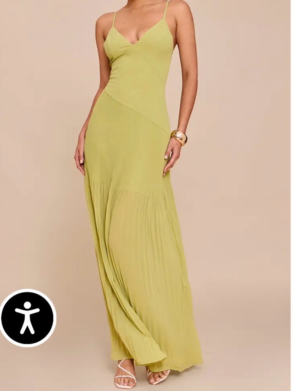 LIME GREEN WOVEN PLEATED HEM DETAIL SPAGHETTI MAXI DRESS